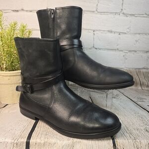 ECCO WOMENS ANKLE BOOTS BLACK LEATHER BUCKLE ZIP ROUND TOE CASUAL SIZE 40